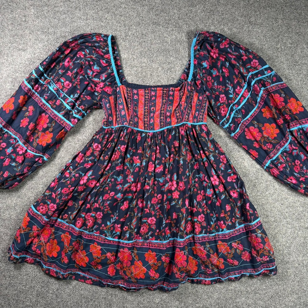 Free People Endless Afternoon Mini Dress S Navy Blue Floral Puff Sleeve Pockets